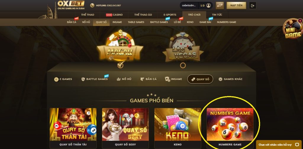 Sảnh quay số Numbers Game Oxbet